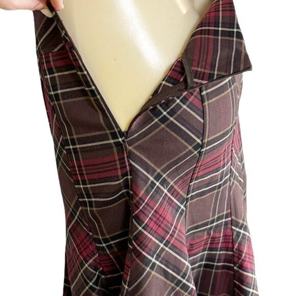 KENAR Brown & Red Plaid Flared Flounce Hem Long Skirt Stretch‎ Academia Corpcore - Picture 12 of 14